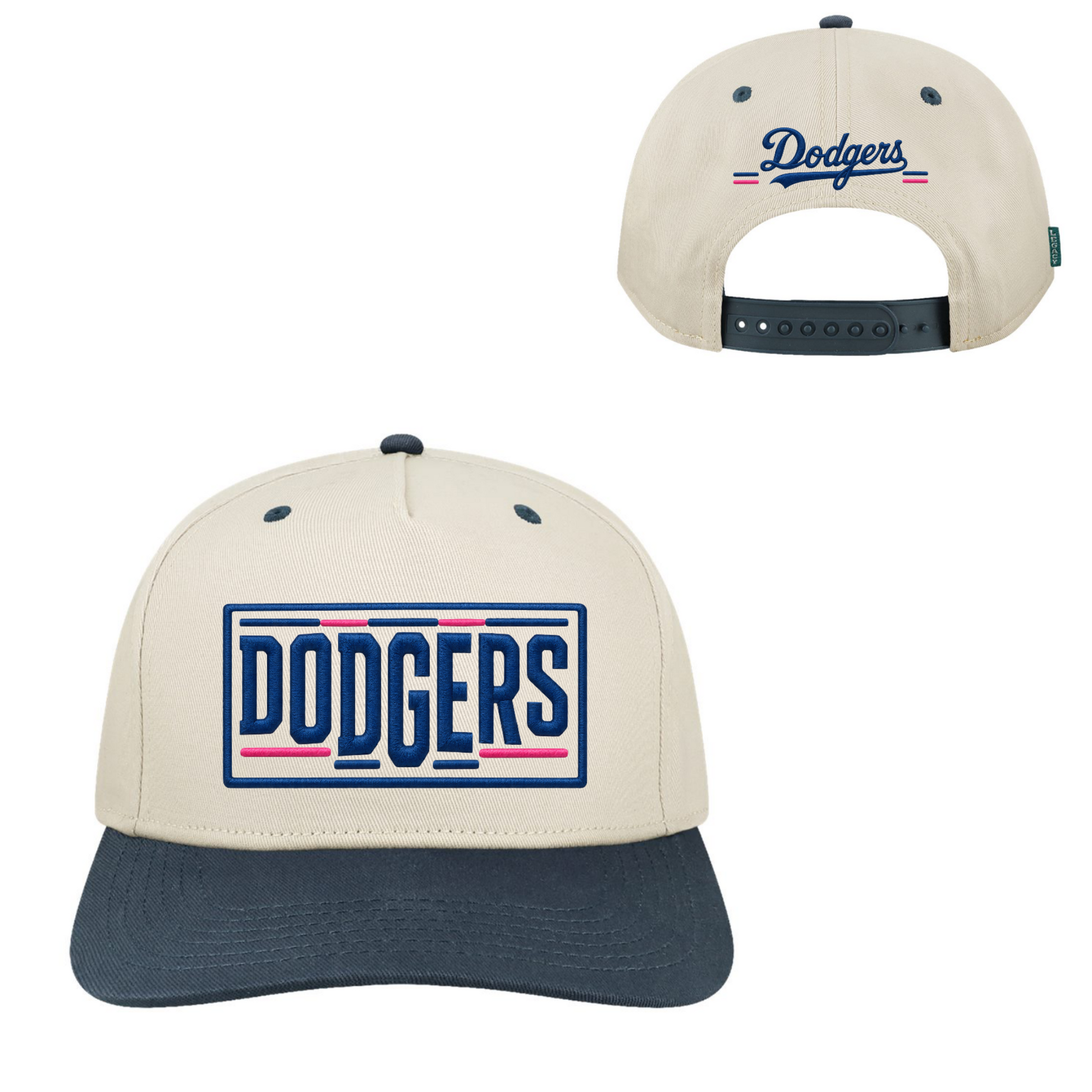 Cream and navy Leander Dodgers embroidered snapback baseball hat with Dodgers front design and script back embroidery