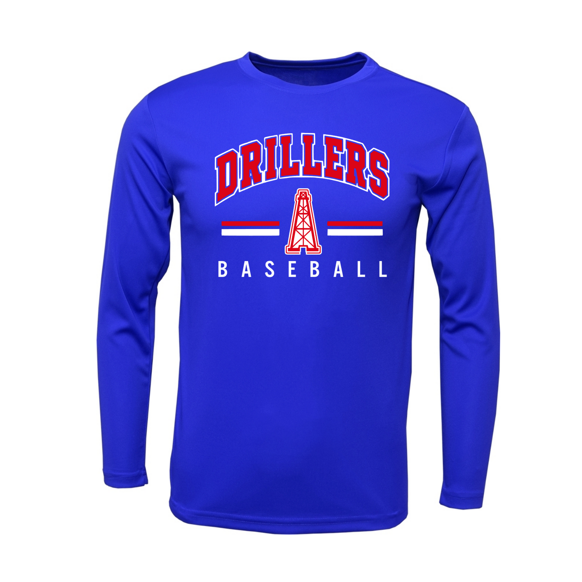 A royal blue long-sleeve athletic t-shirt with a red and white graphic on the chest that reads 'DRILLERS BASEBALL' with an oil derrick logo, shown on a plain white background.