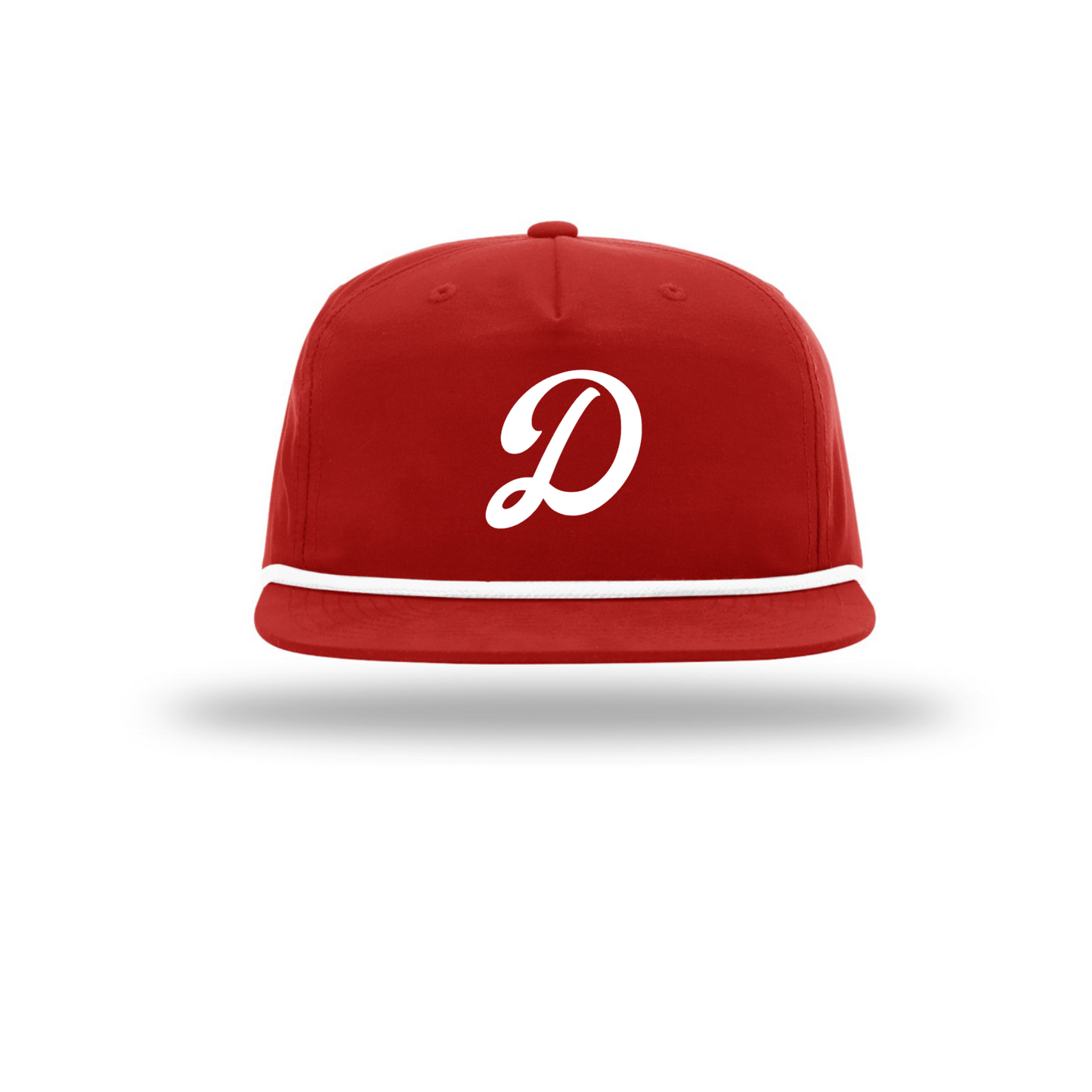 A red flat-brim snapback cap with a white embroidered script letter 'D' on the front and a white stripe along the edge of the brim, shown on a white background with a soft shadow underneath.