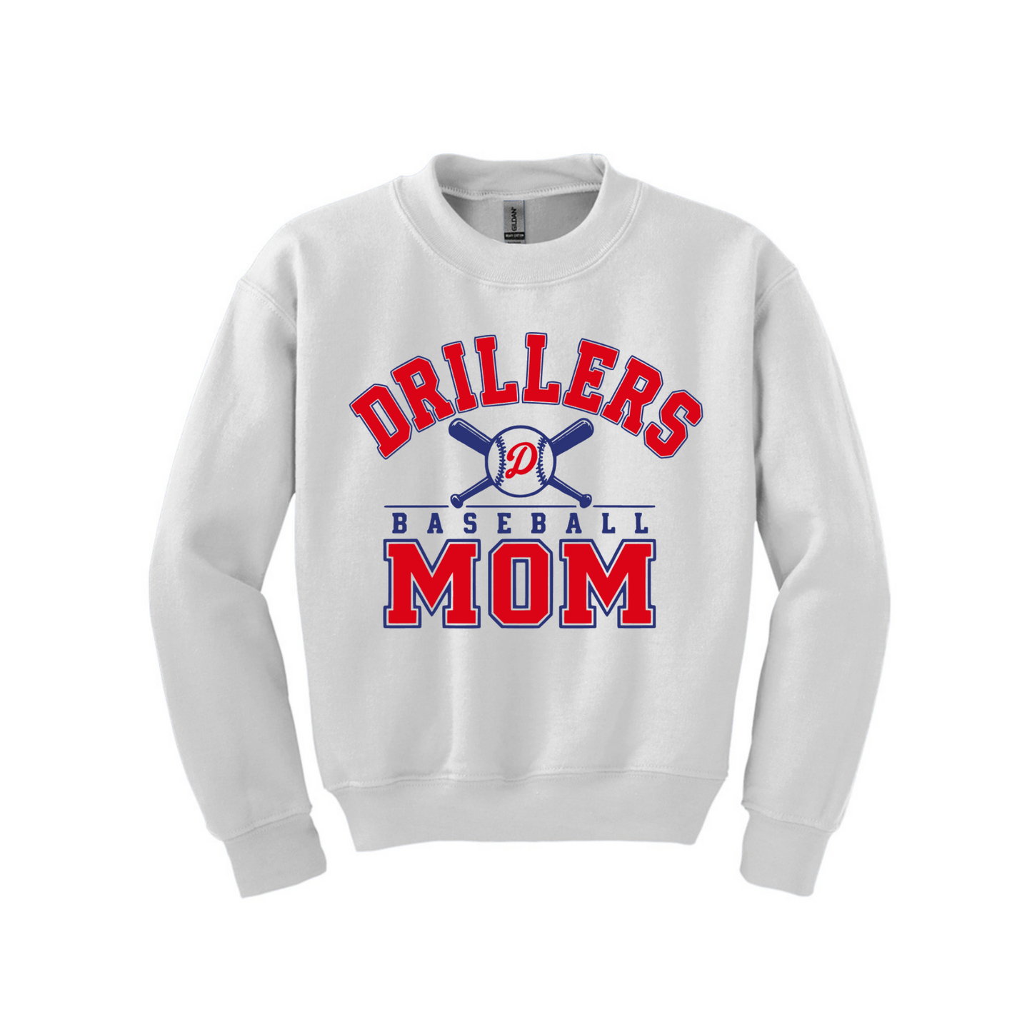 A white crewneck sweatshirt featuring a red and blue graphic on the front that reads 'DRILLERS BASEBALL MOM' with crossed bats and a baseball.
