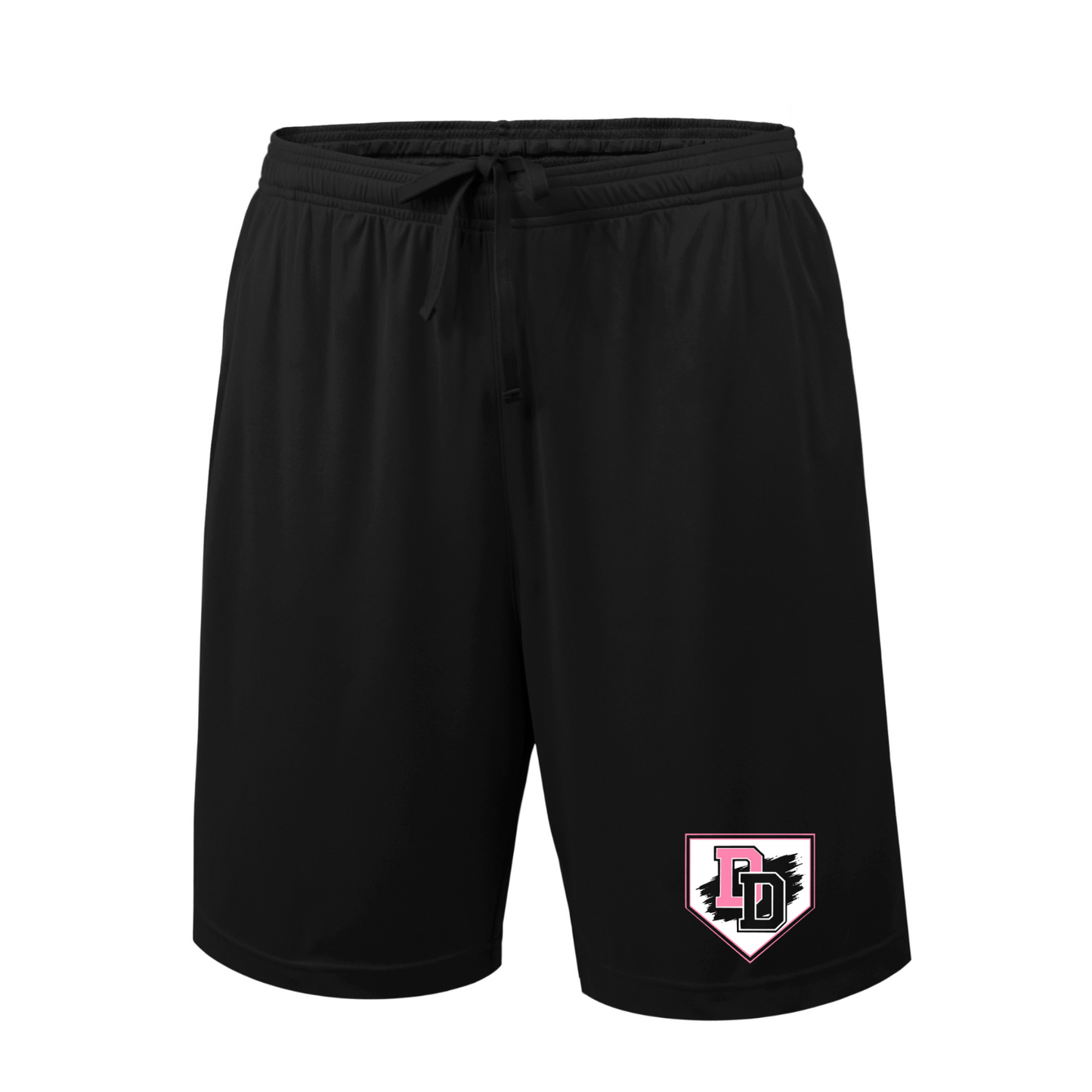 Diamond Divas Softball black performance shorts with pink white and black DD home plate logo