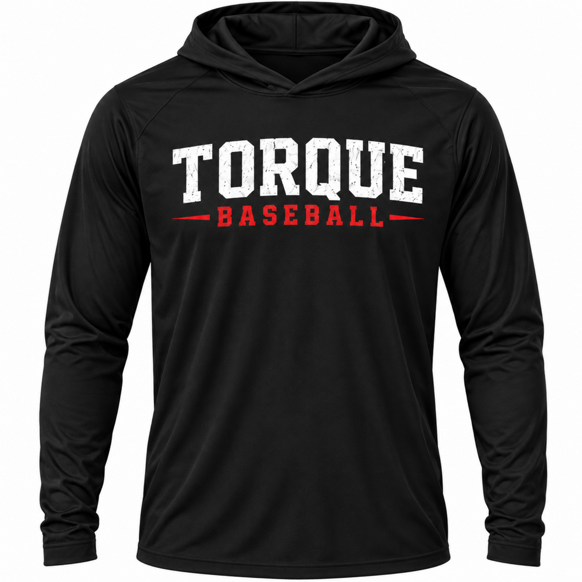 A black long-sleeve performance hoodie with 'TORQUE BASEBALL' printed on the chest in white and red, shown on a plain white background.