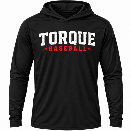 A black long-sleeve performance hoodie with 'TORQUE BASEBALL' printed on the chest in white and red, shown on a plain white background.