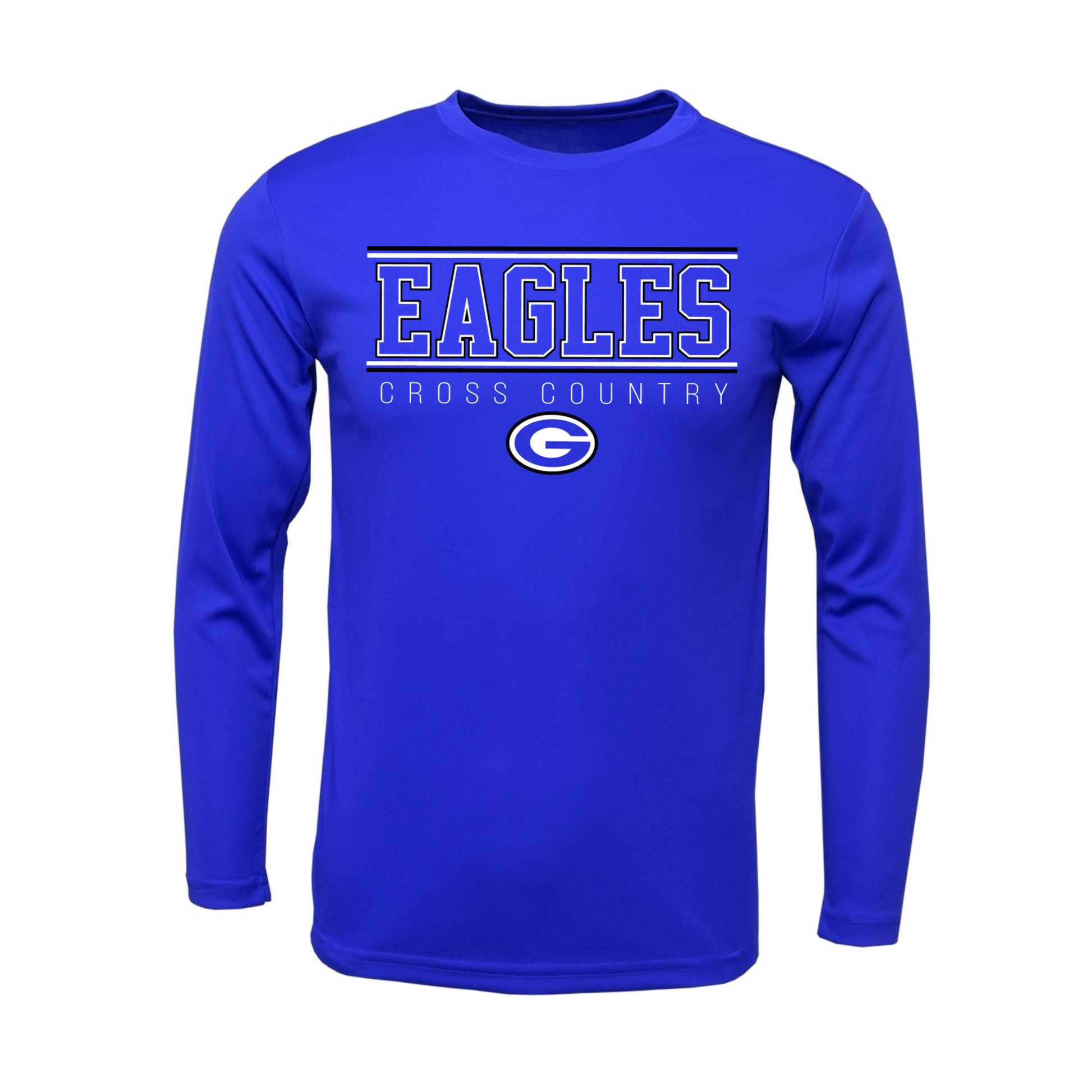 A royal blue long-sleeve athletic t-shirt with 'EAGLES CROSS COUNTRY' and a circular 'E' logo printed in white on the chest, displayed on a solid white background.