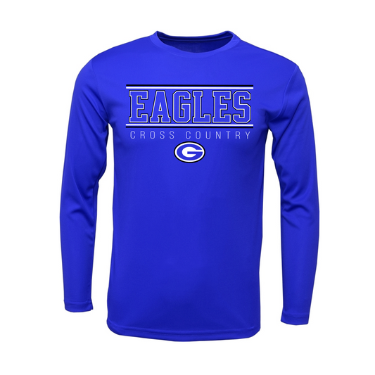 A royal blue long-sleeve athletic t-shirt with 'EAGLES CROSS COUNTRY' and a circular 'E' logo printed in white on the chest, displayed on a solid white background.