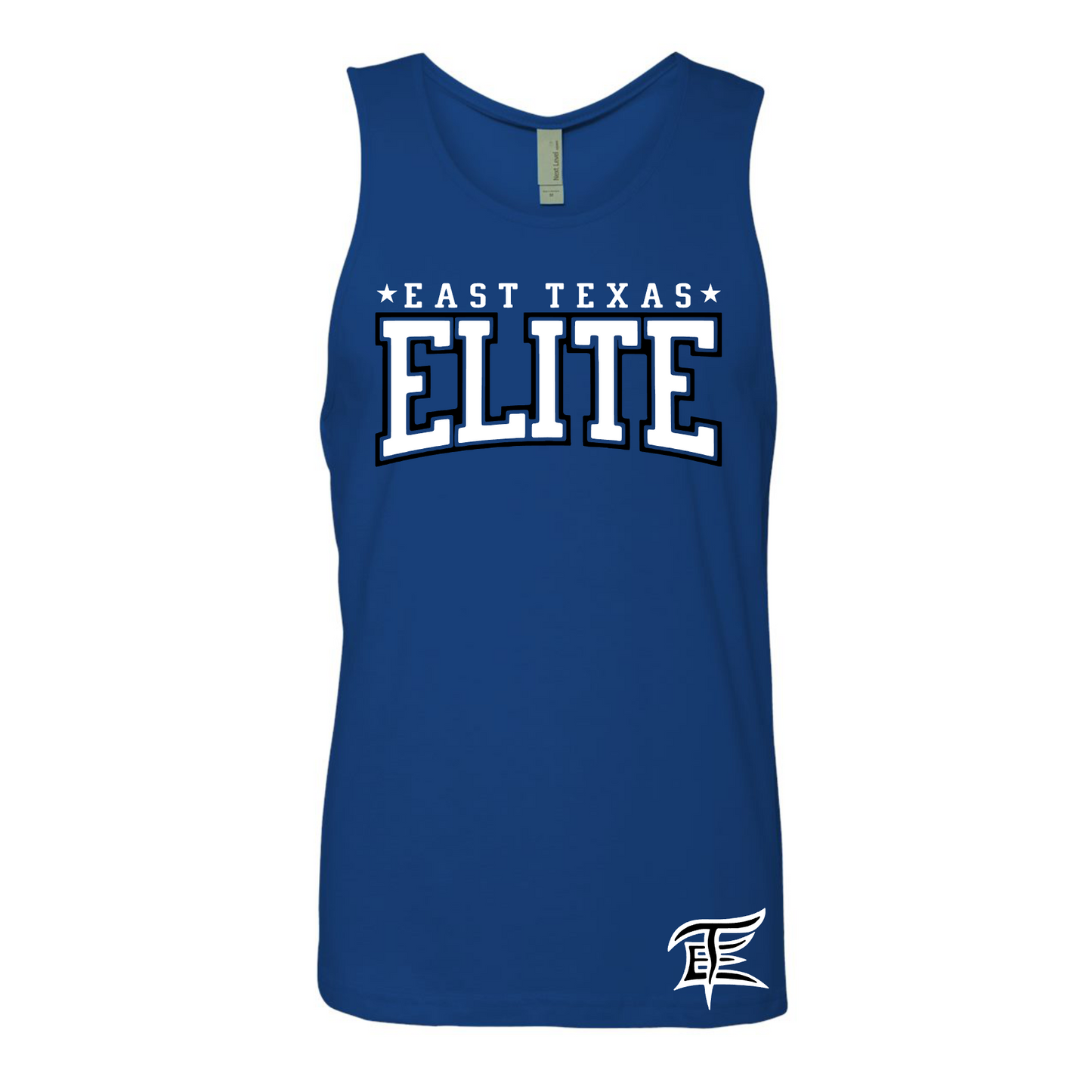 Mens East Texas Elite Logo Baseball Tank Top, Elite Baseball Black Tank, Royal Blue East Texas Elite Baseball Tank