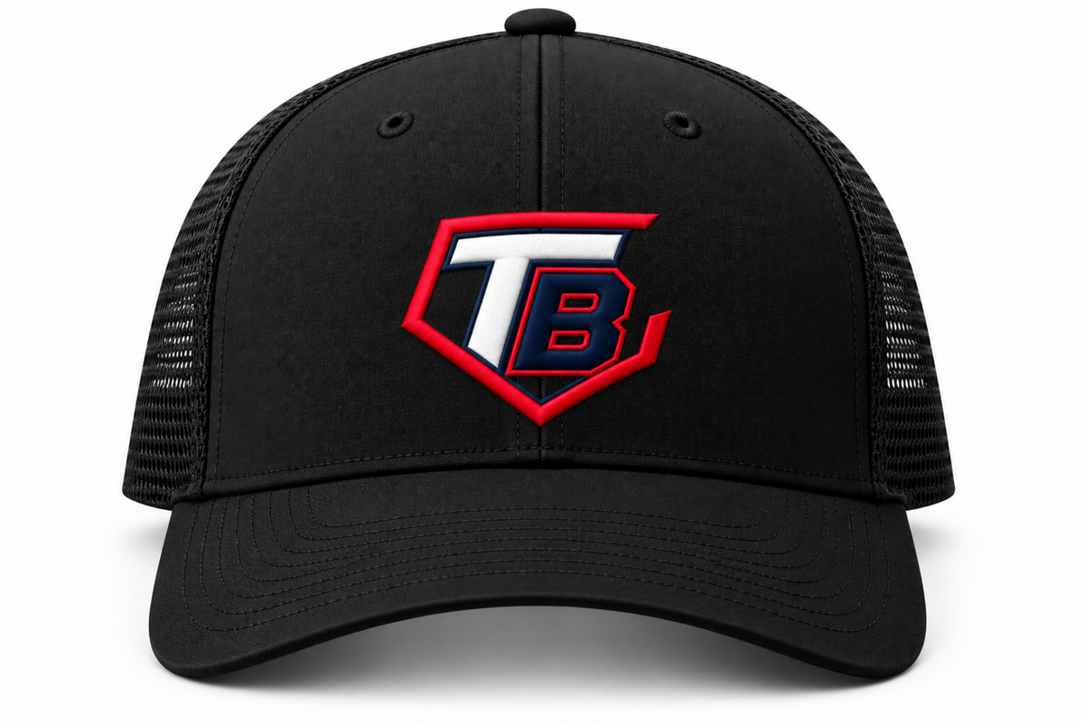 A black trucker hat with a structured front panel and black mesh back, featuring a red, white, and blue embroidered shield logo with the letters 'TB' on the front.