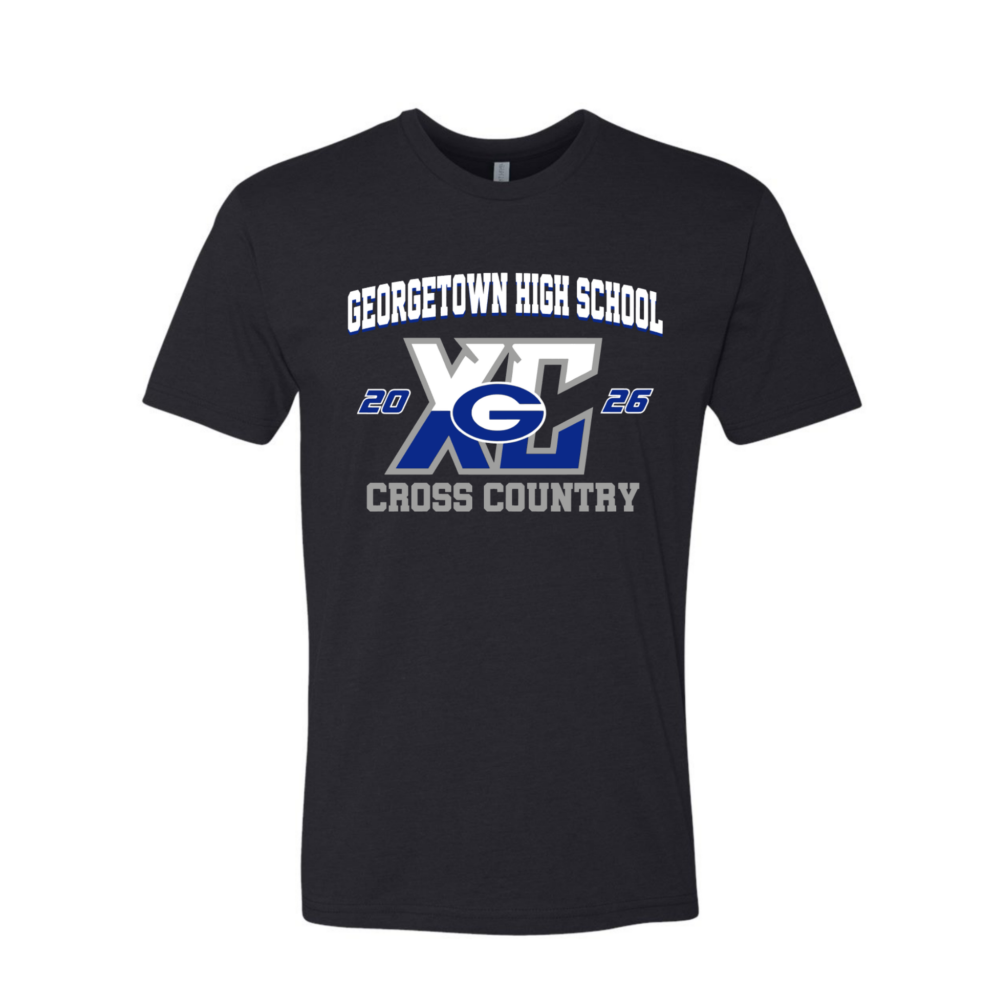 A black short-sleeve t-shirt with a collegiate-style graphic on the chest reading 'Georgetown High School' and 'Cross Country,' featuring a large 'XC' logo with blue and white accents and the year '26'.