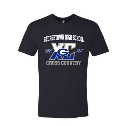 A black short-sleeve t-shirt with a collegiate-style graphic on the chest reading 'Georgetown High School' and 'Cross Country,' featuring a large 'XC' logo with blue and white accents and the year '26'.