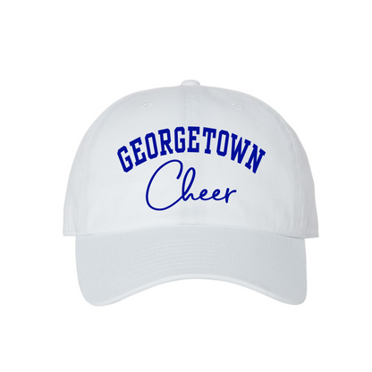 A white baseball cap with 'GEORGETOWN Cheer' embroidered in blue on the front, shown against a plain white background.