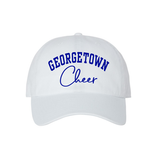 A white baseball cap with 'GEORGETOWN Cheer' embroidered in blue on the front, shown against a plain white background.