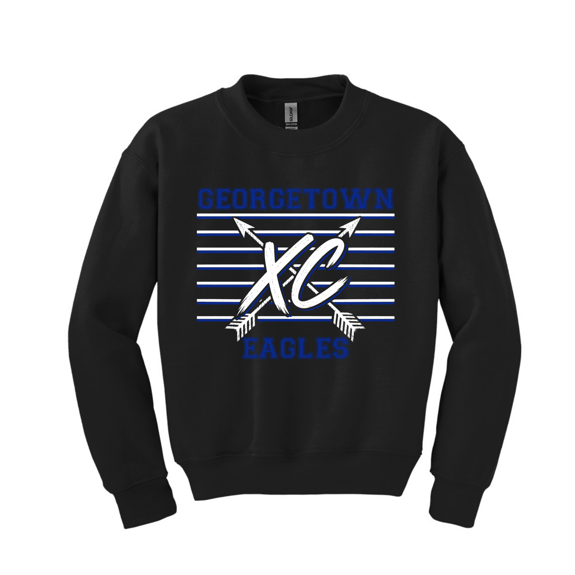 A black crewneck sweatshirt featuring a blue and white graphic on the front with the text 'GEORGETOWN XC EAGLES' and crossed arrows over horizontal stripes.