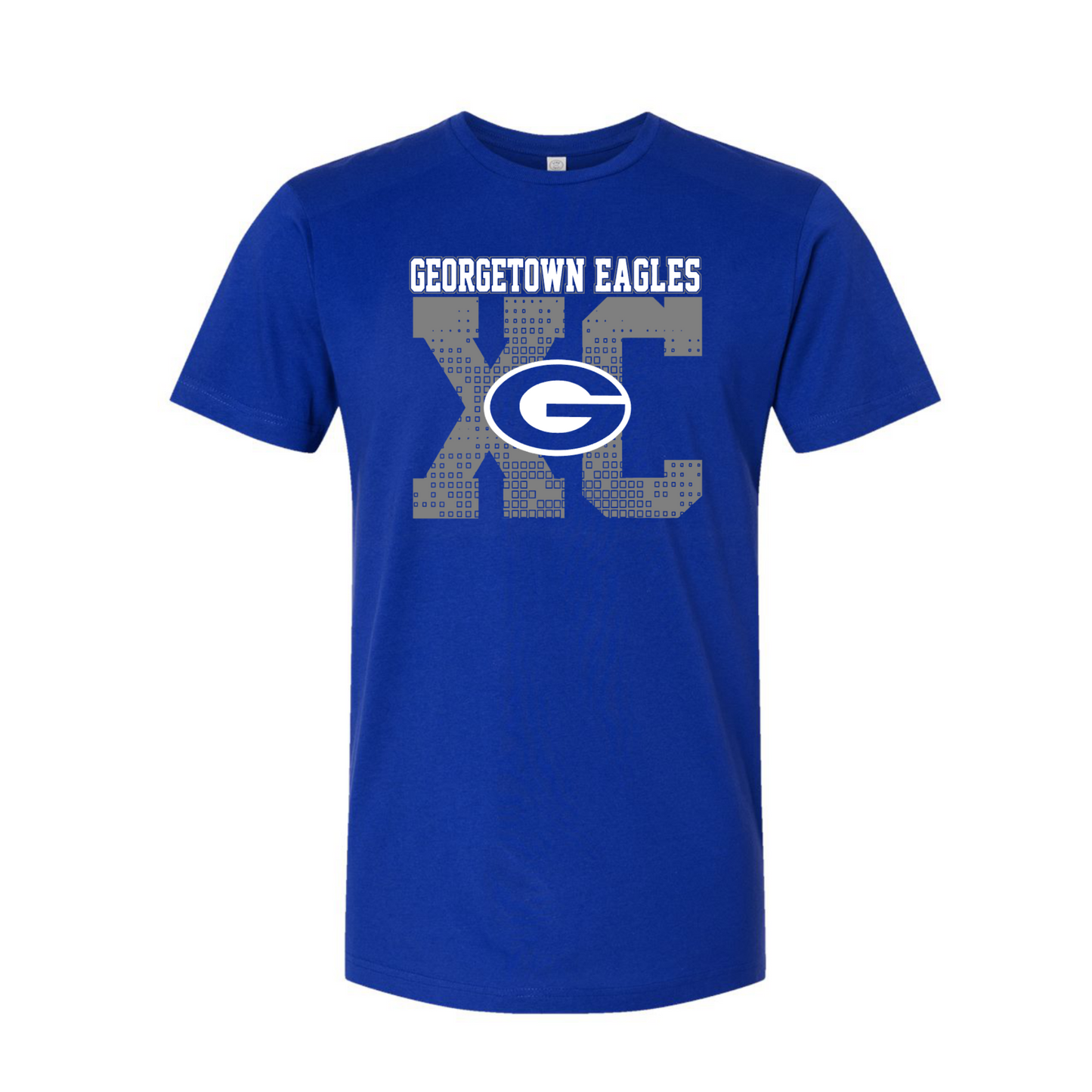 A royal blue short-sleeve t-shirt with a 'Georgetown Eagles XC' graphic on the chest, featuring a gray distressed 'XC' and the Georgetown 'G' logo in the center, displayed on a clean white background.