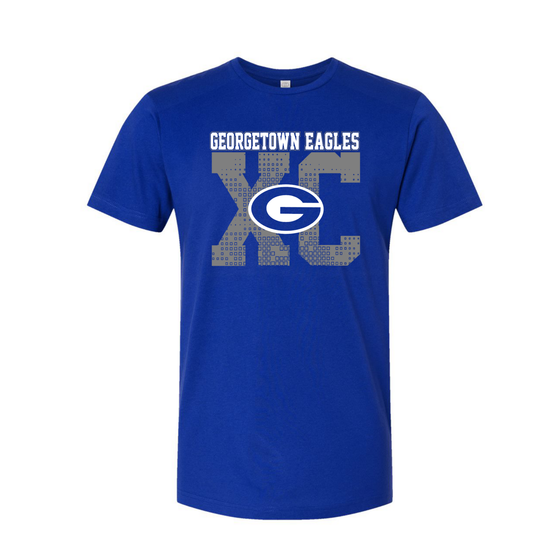 A royal blue short-sleeve t-shirt with a 'Georgetown Eagles XC' graphic on the chest, featuring a gray distressed 'XC' and the Georgetown 'G' logo in the center, displayed on a clean white background.