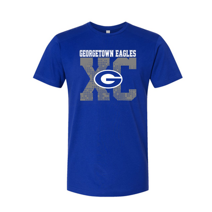 A royal blue short-sleeve t-shirt with a 'Georgetown Eagles XC' graphic on the chest, featuring a gray distressed 'XC' and the Georgetown 'G' logo in the center, displayed on a clean white background.