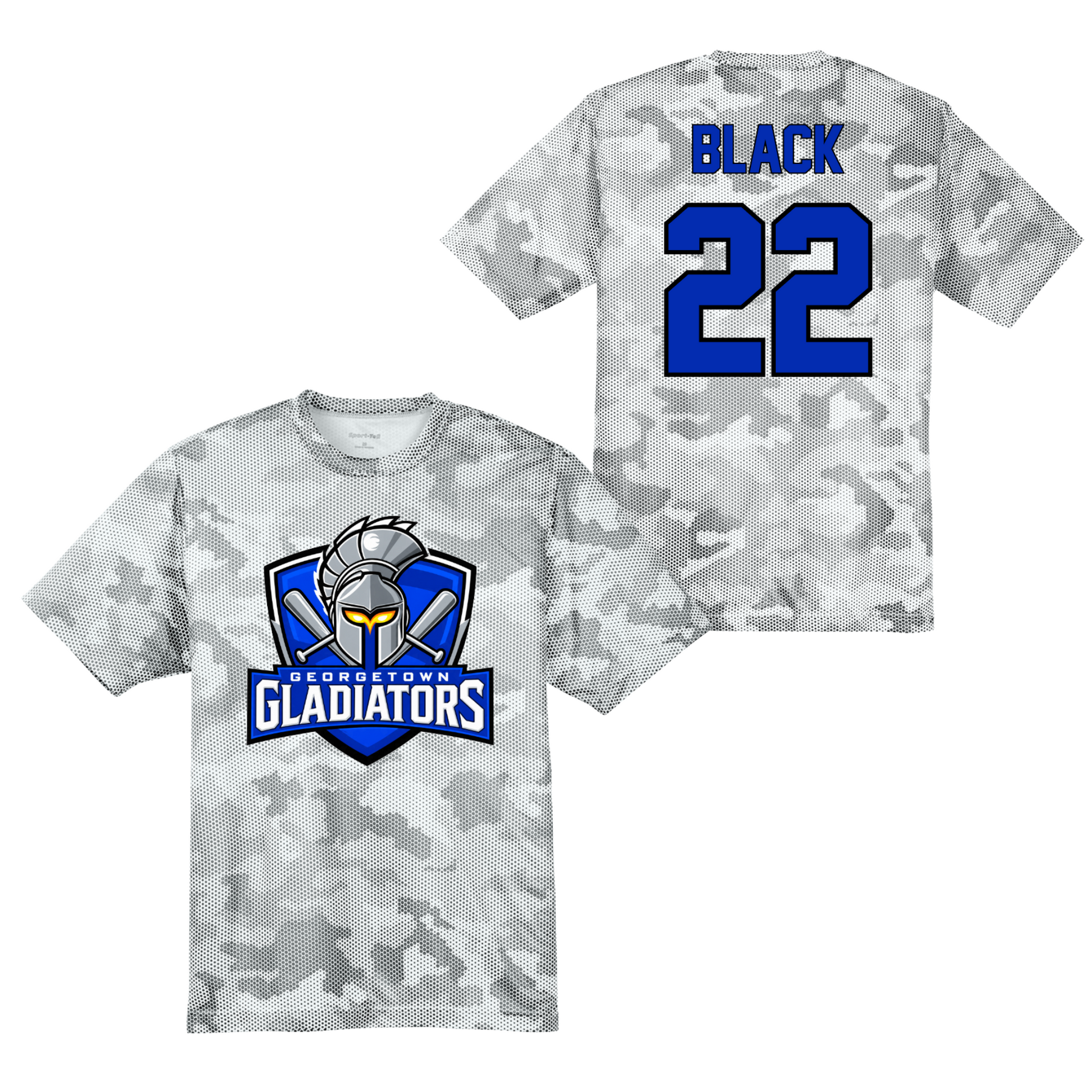 Georgetown Gladiators baseball practice jersey in gray camo with team logo and personalized royal blue player name and number
