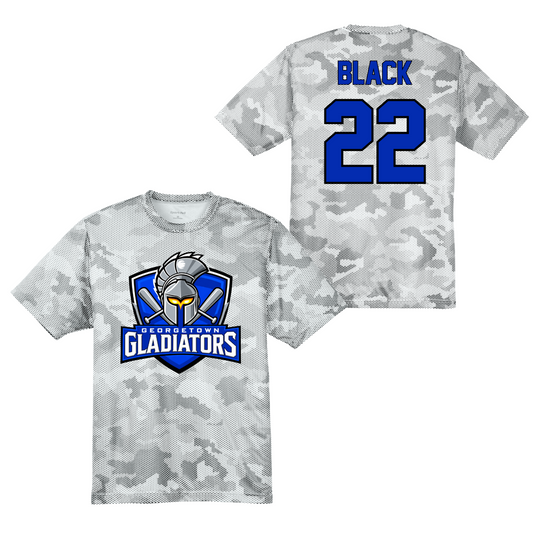 Georgetown Gladiators baseball practice jersey in gray camo with team logo and personalized royal blue player name and number
