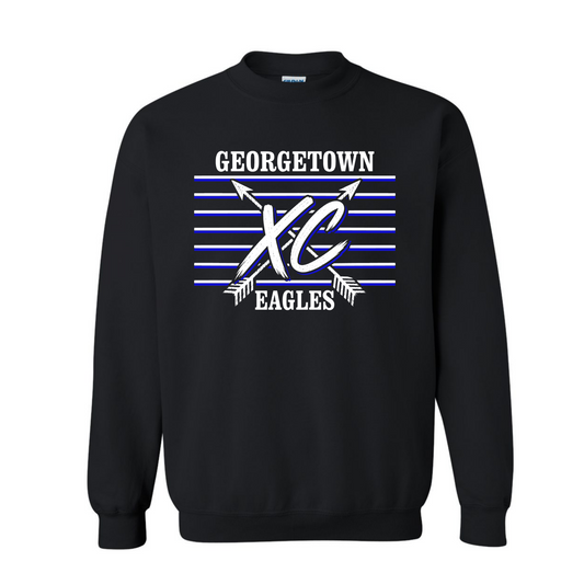 A black crewneck sweatshirt featuring a 'Georgetown XC Eagles' graphic on the chest with white and blue text and stripes, shown against a plain white background.
