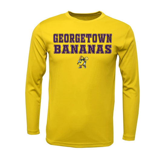 Yellow Drifit Bananas Softball Long Sleeve, Georgetown Bananas Spiritwear, Bananas Softball Tshirt