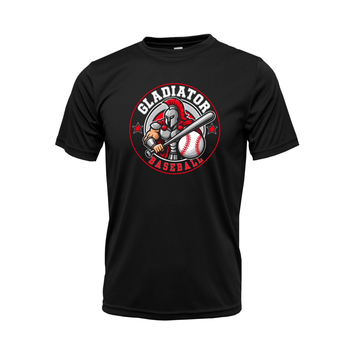 Georgetown Gladiators Baseball black performance tee with red white and gray gladiator baseball logo