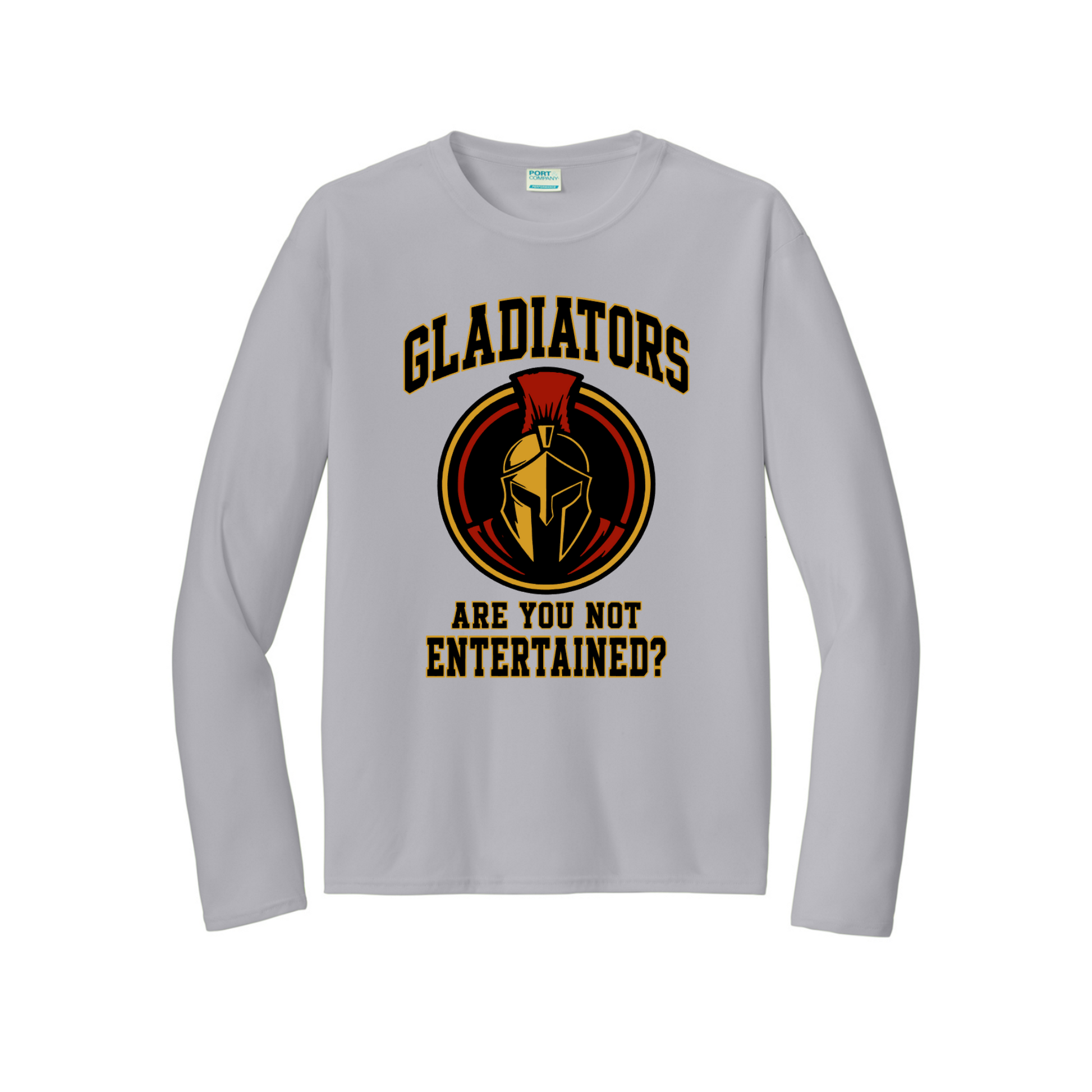 Gladiators Baseball silver long sleeve performance shirt with Gladiator helmet and Are You Not Entertained design