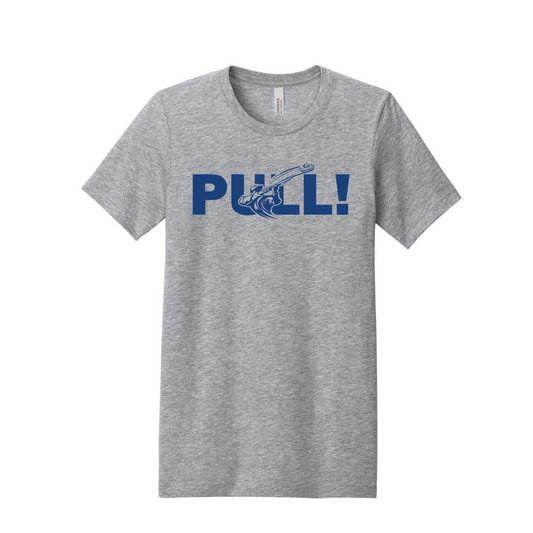 A heather gray short-sleeve t-shirt with a blue graphic on the chest that reads 'PULL!' with a stylized anchor illustration, shown against a plain white background.