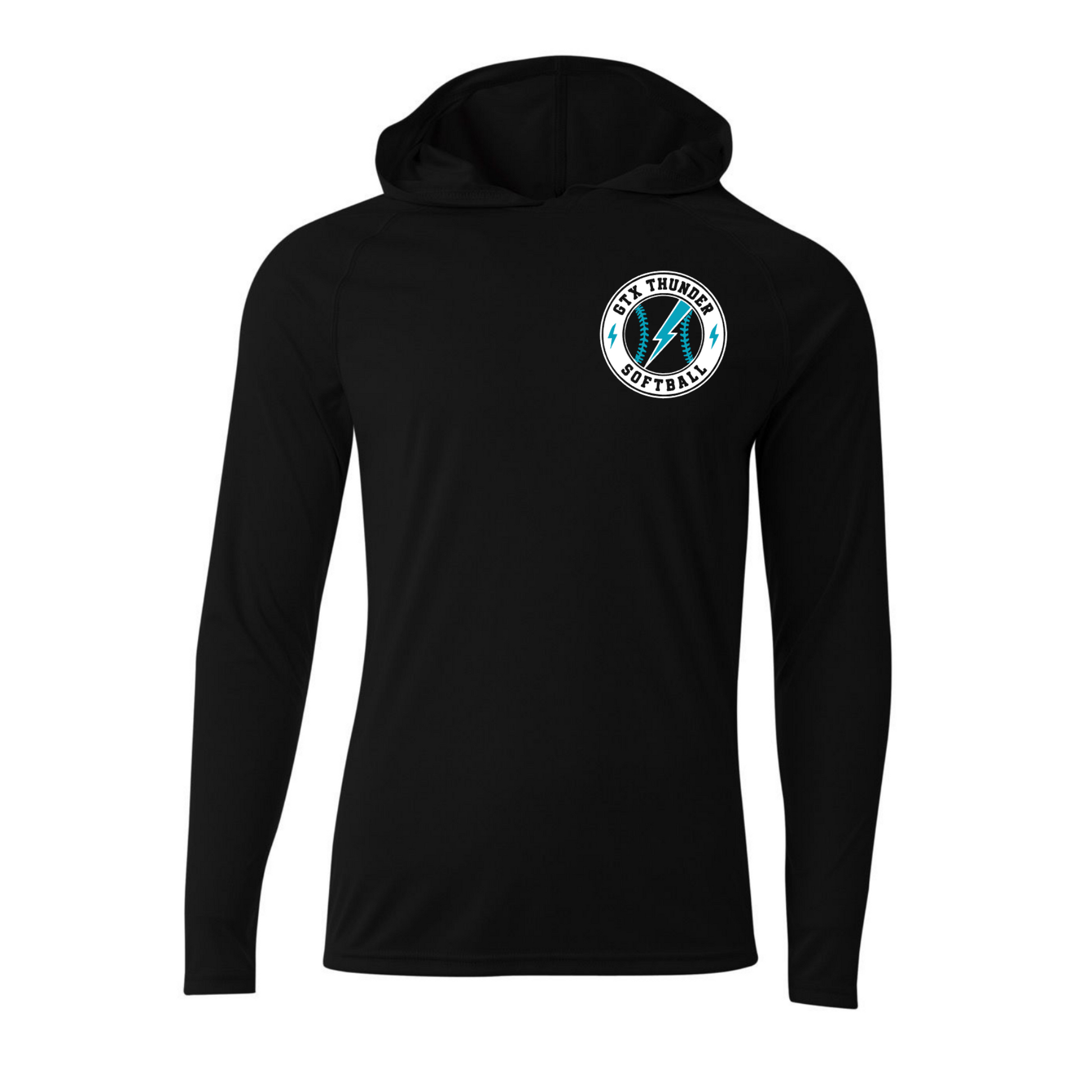 Black GTX Thunder Softball long-sleeve performance hoodie with circular teal and white left-chest logo