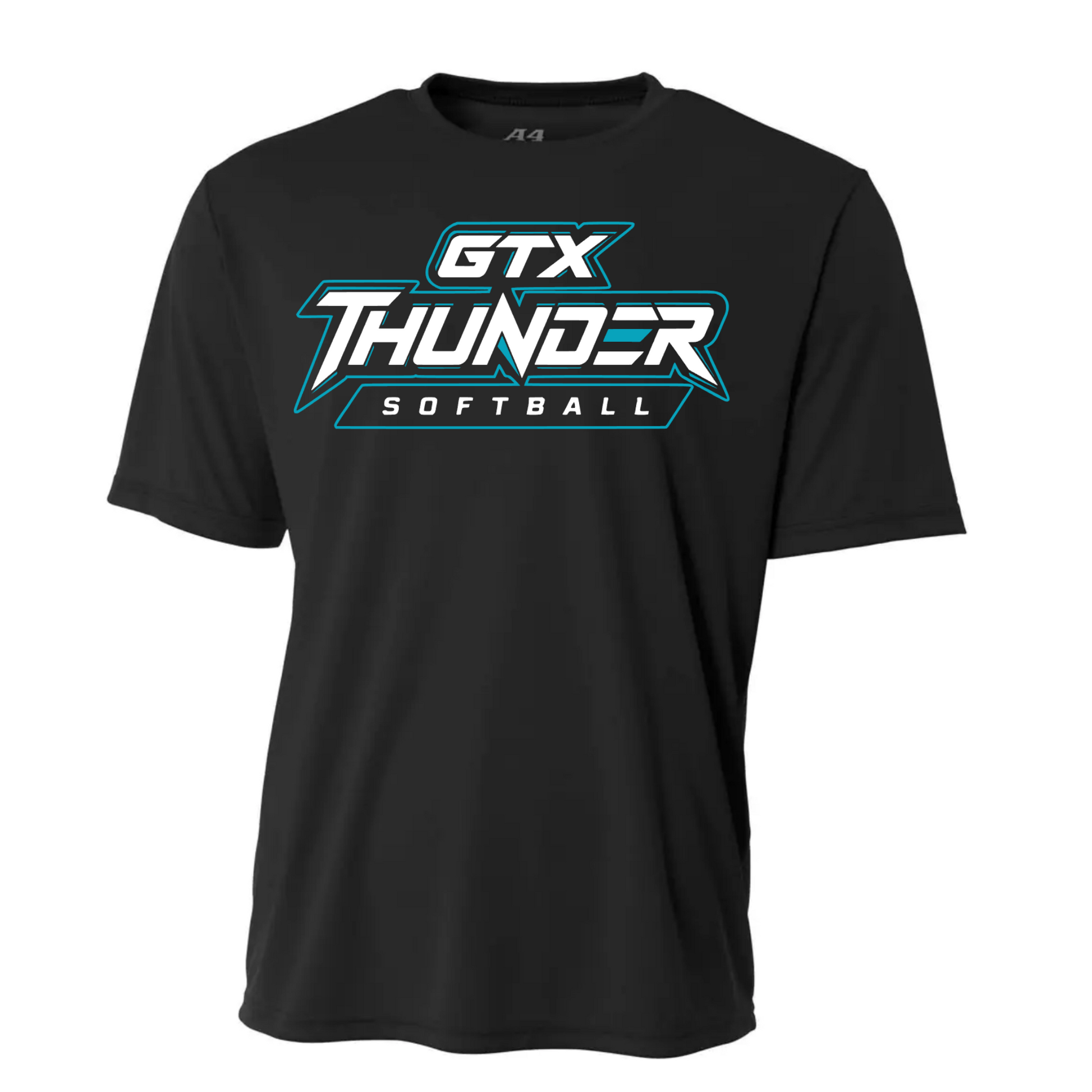Black GTX Thunder Softball performance tee with white and teal team logo