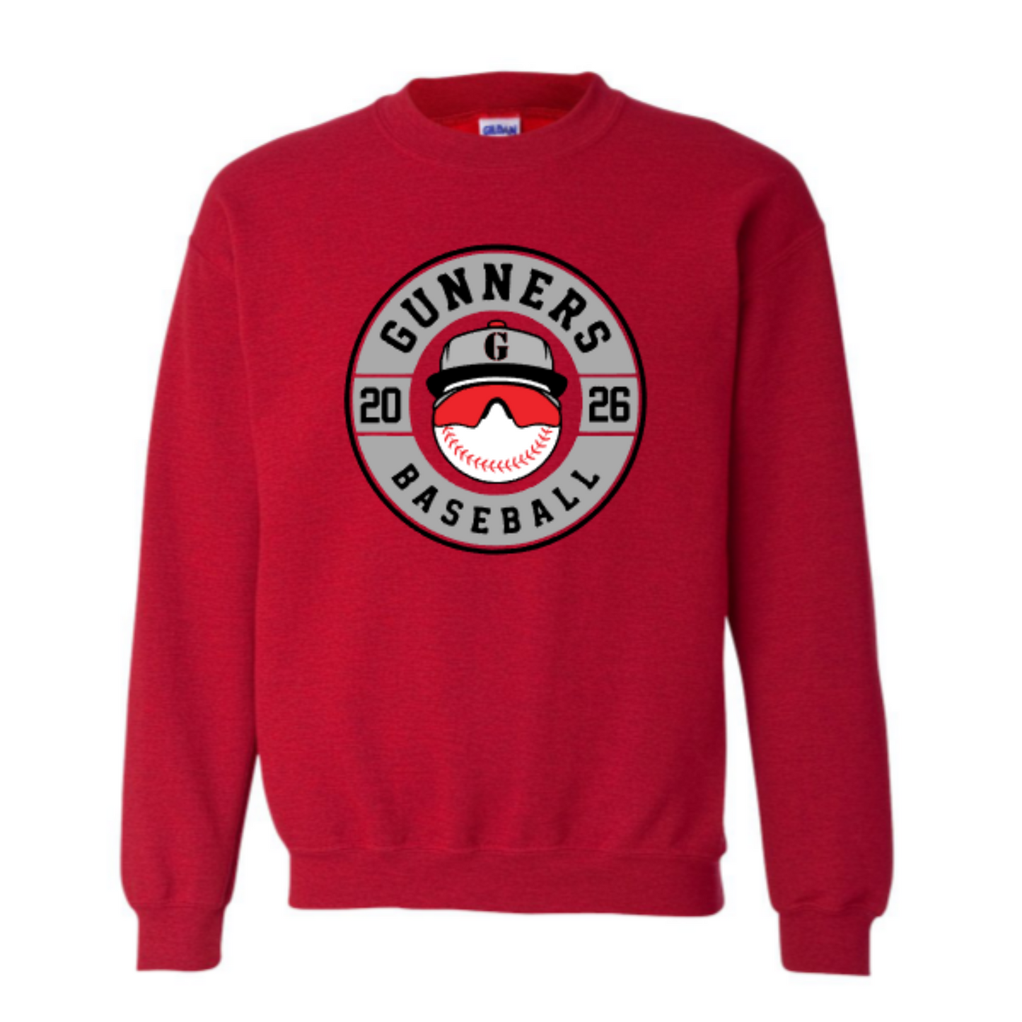 Red Gunners Baseball crewneck sweatshirt with circular team baseball design