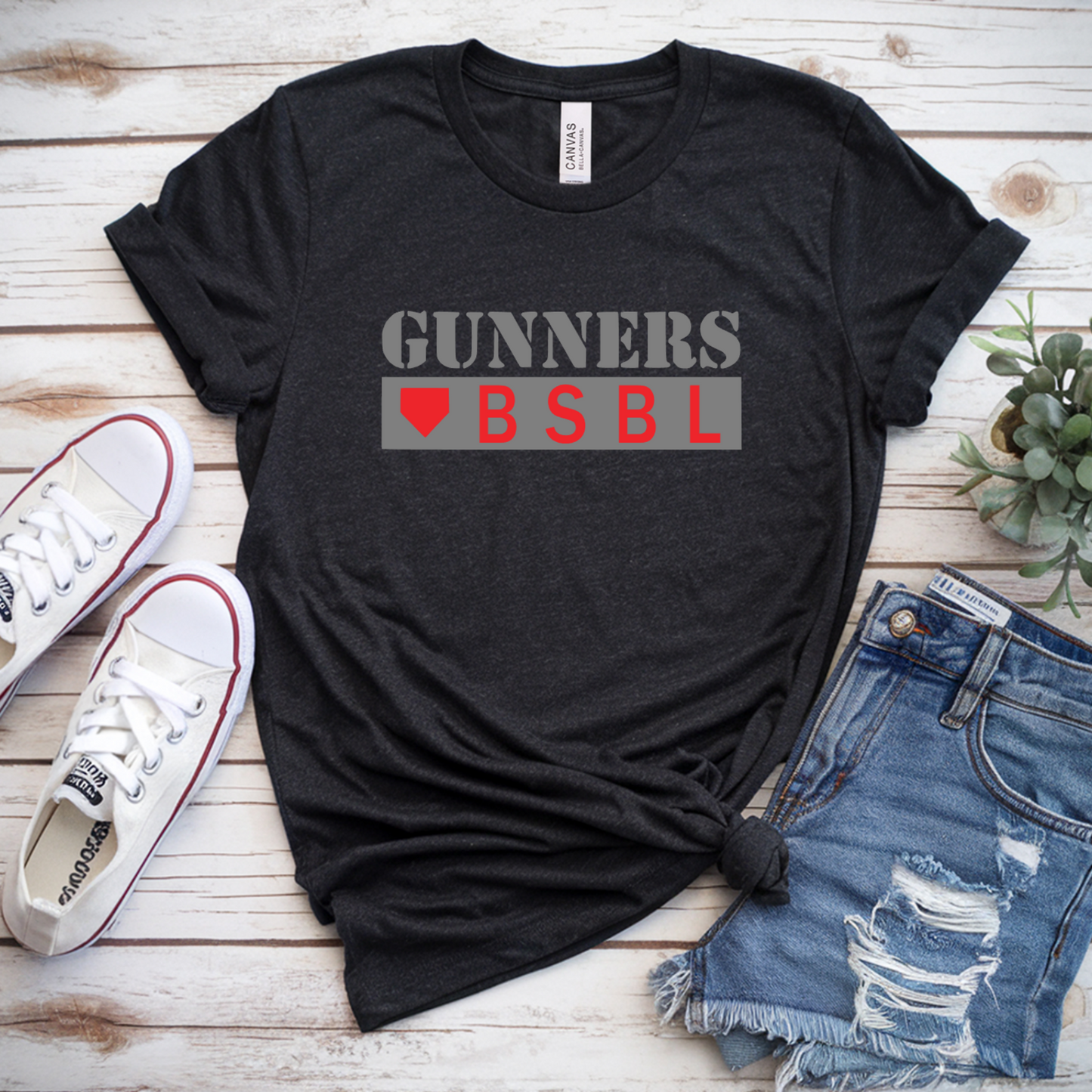 Black heather Gunners Baseball T-shirt with red and gray BSBL home plate design