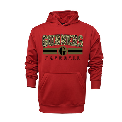 Red Gunners Baseball hoodie with olive green camo lettering and G logo