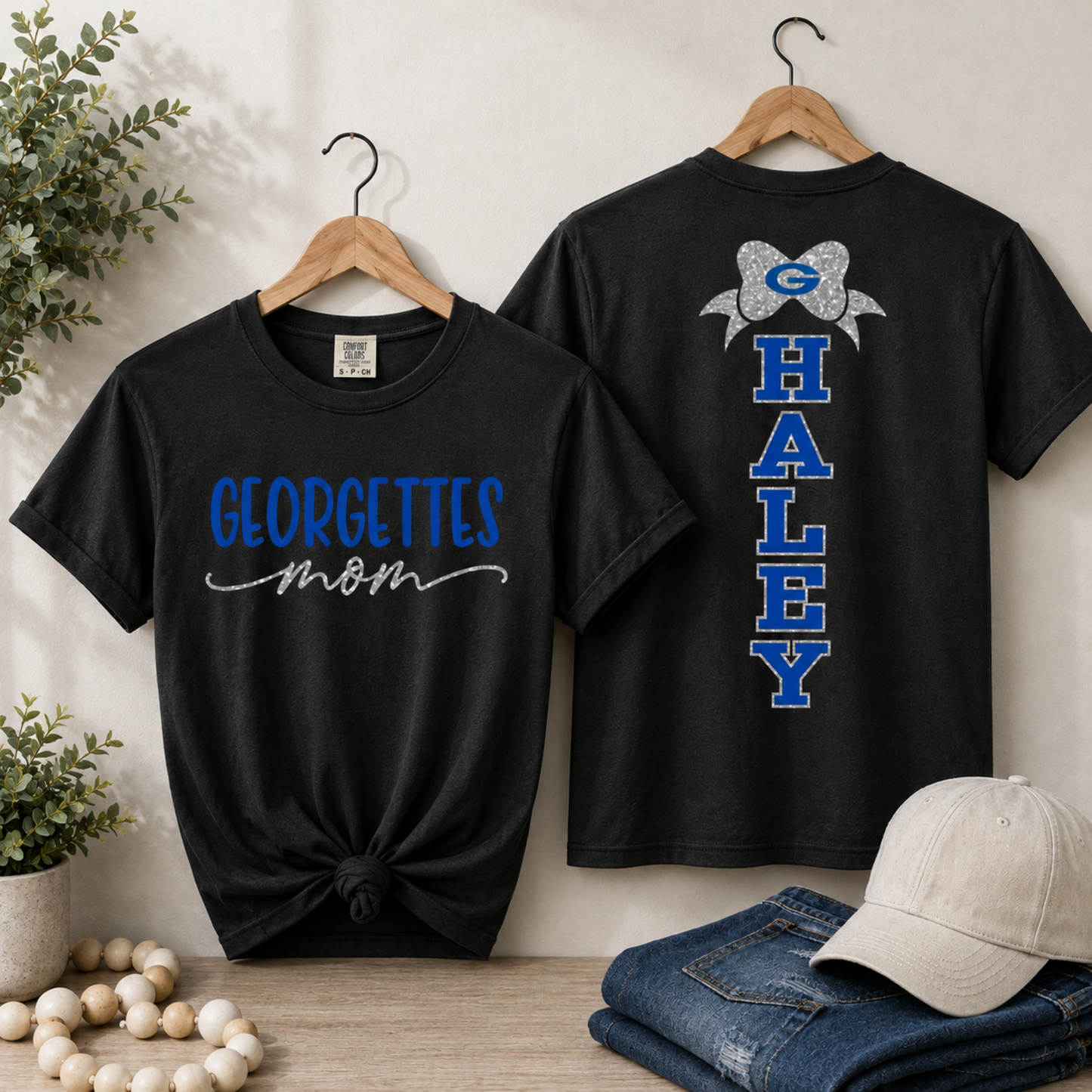 Black Georgettes Mom personalized T-shirt with royal blue and silver glitter design and custom cheerleader name on back