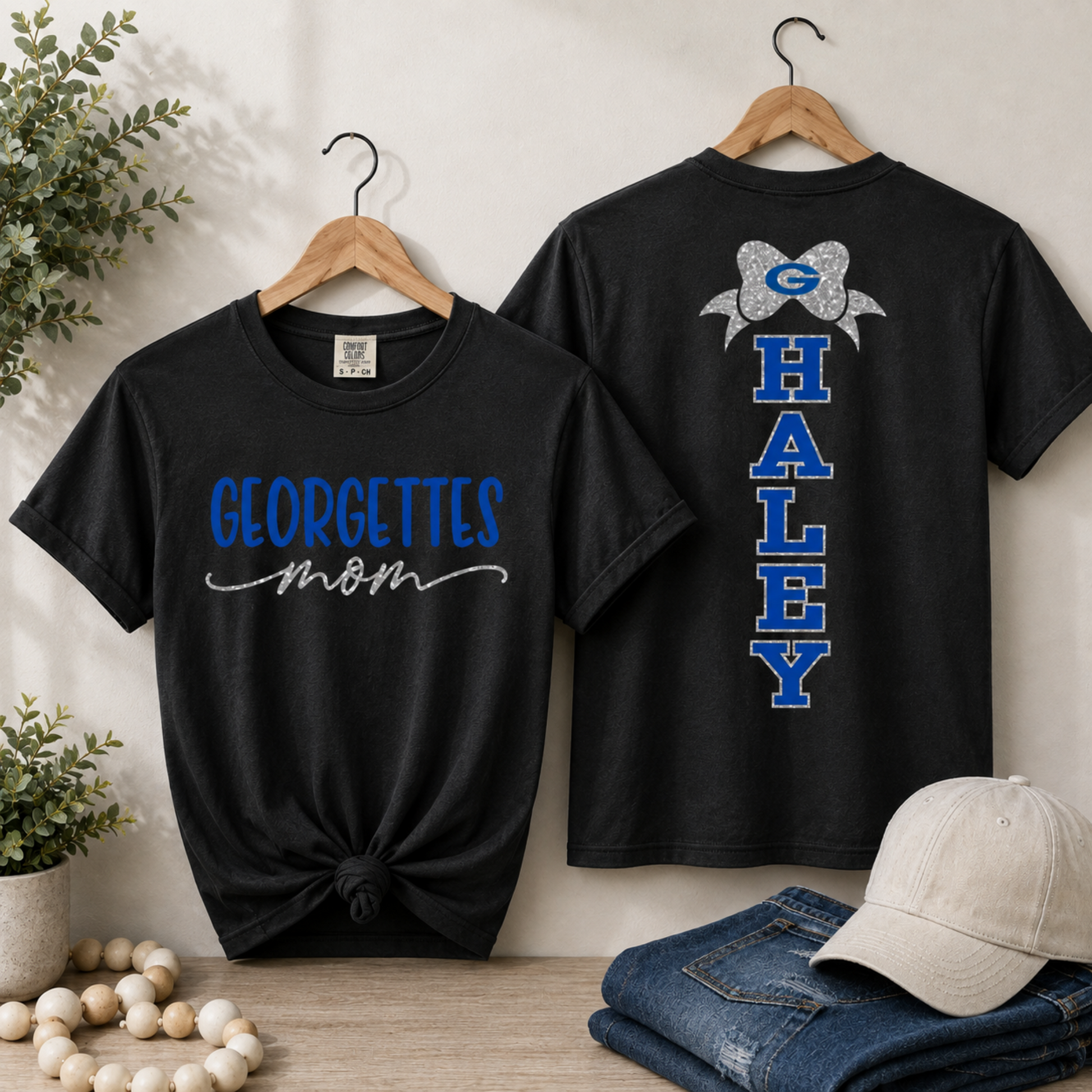 Black Georgettes Mom personalized T-shirt with royal blue and silver glitter design and custom cheerleader name on back