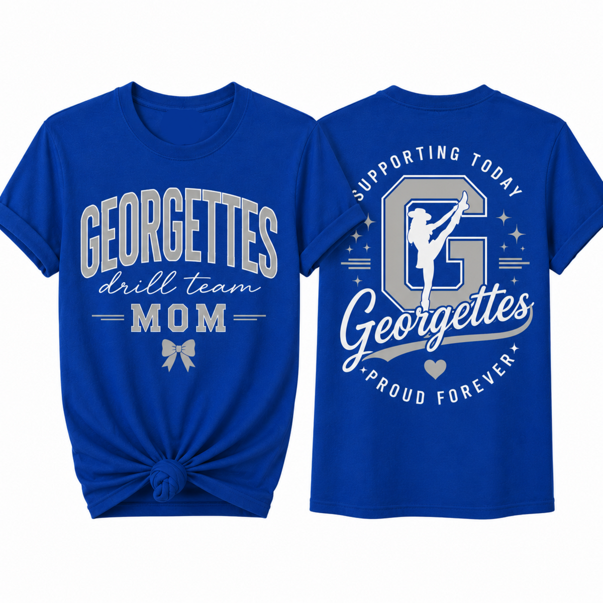 Royal blue Georgettes Drill Team Mom T-shirt with white and gray Georgetown drill team front and back design