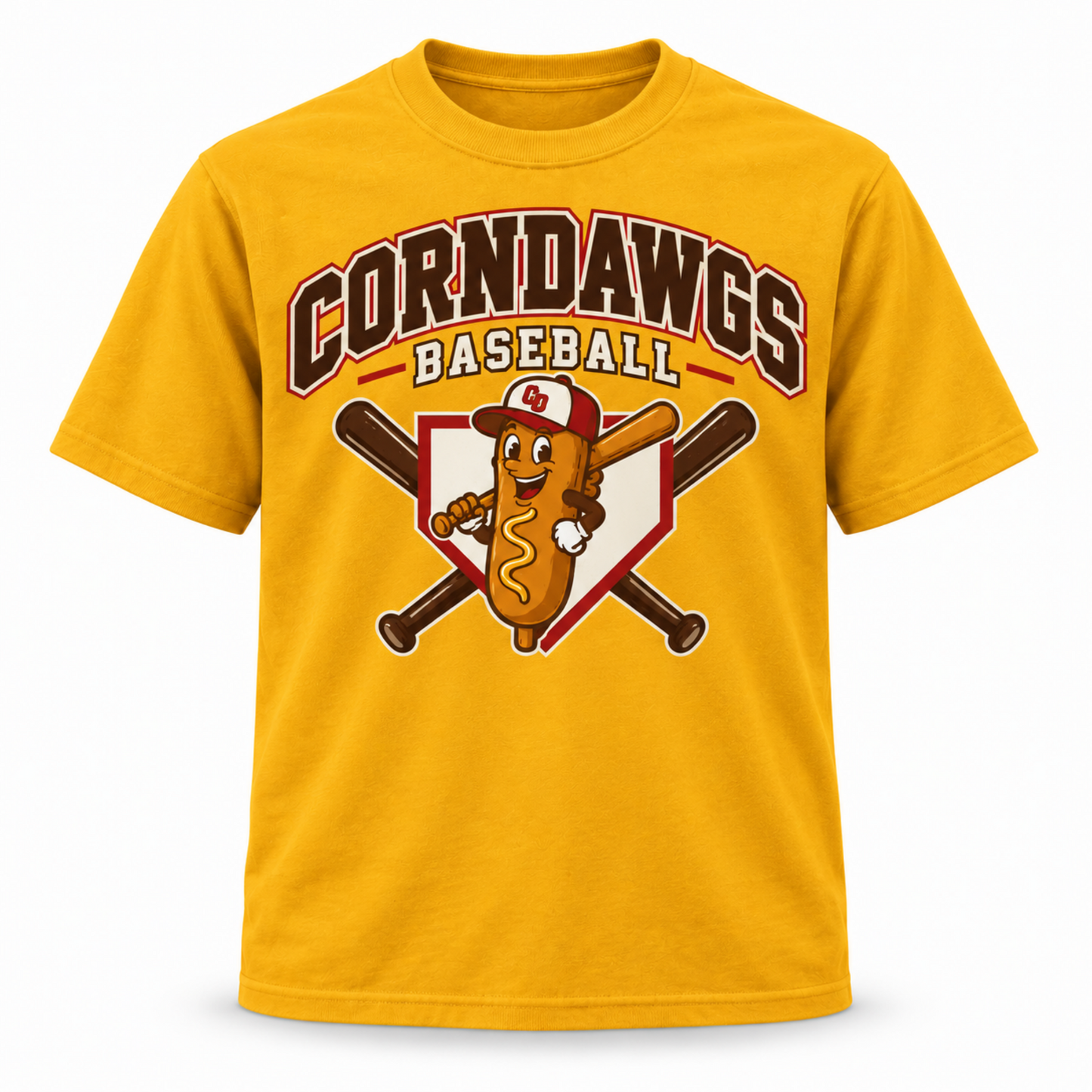Gold CornDawgs Baseball T-shirt with hot dog mascot, crossed bats, and home plate design