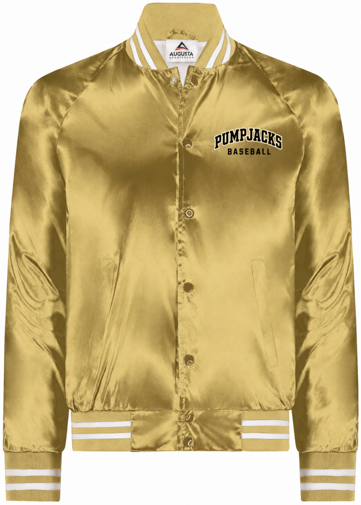 A gold satin varsity jacket with 'Pumpjacks Baseball' embroidered on the chest, featuring white striped ribbed collar, cuffs, and hem, and a snap-button front.