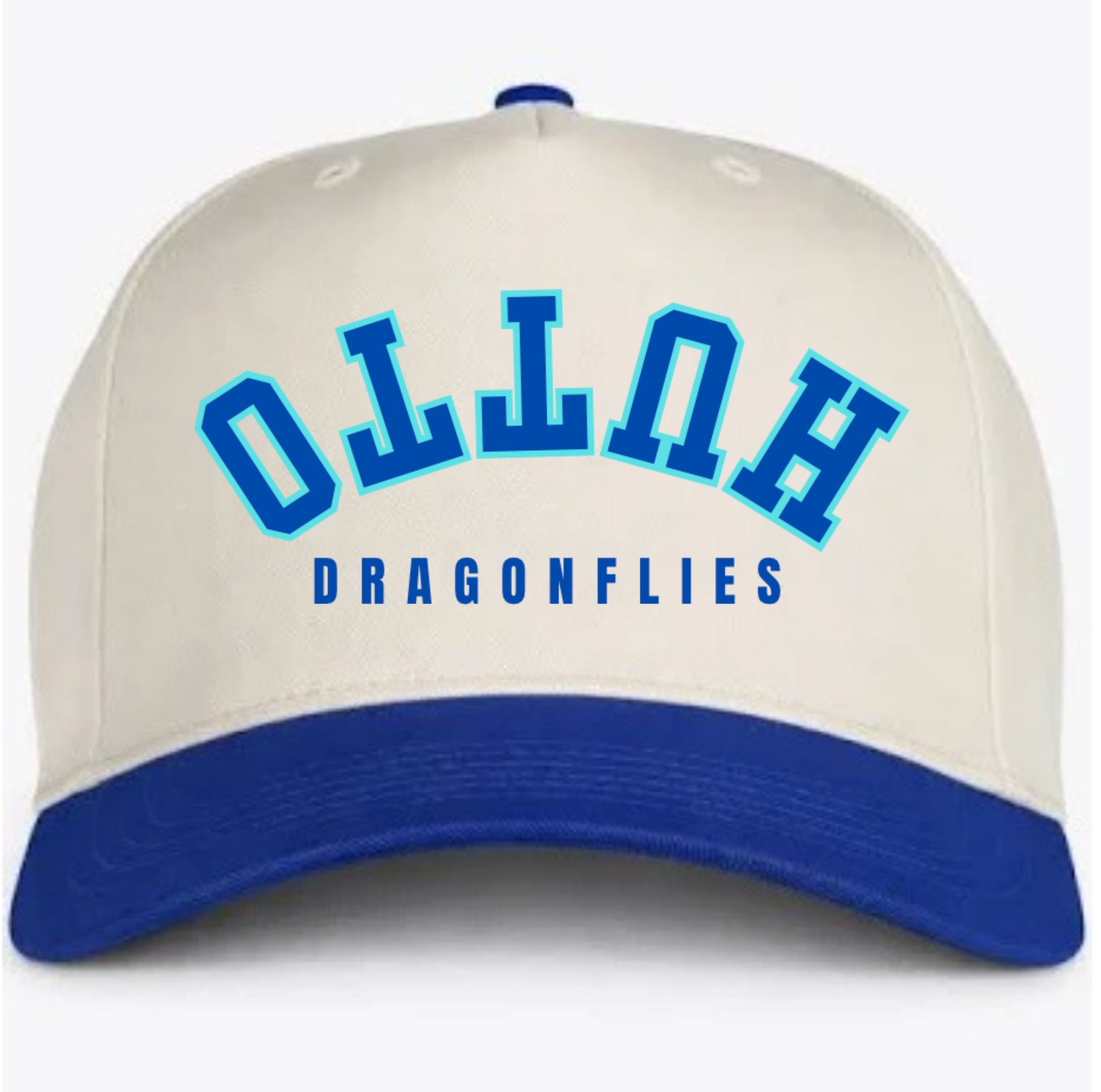 Cream Hutto Dragonflies baseball hat with royal blue bill and mintlettering