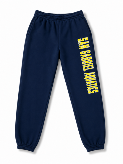Navy blue sweatpants with 'SAN GAREEL AQUATICS' printed vertically in yellow on the left leg, shown against a plain white background.