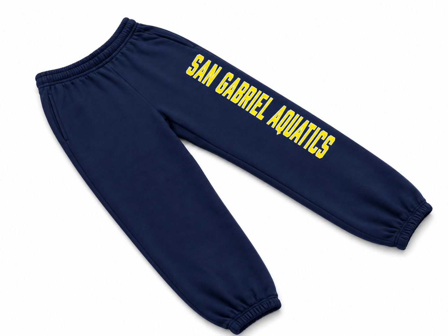Navy blue sweatpants with 'SAN GABRIEL AQUATICS' printed in yellow across the upper left leg, shown on a plain white background.