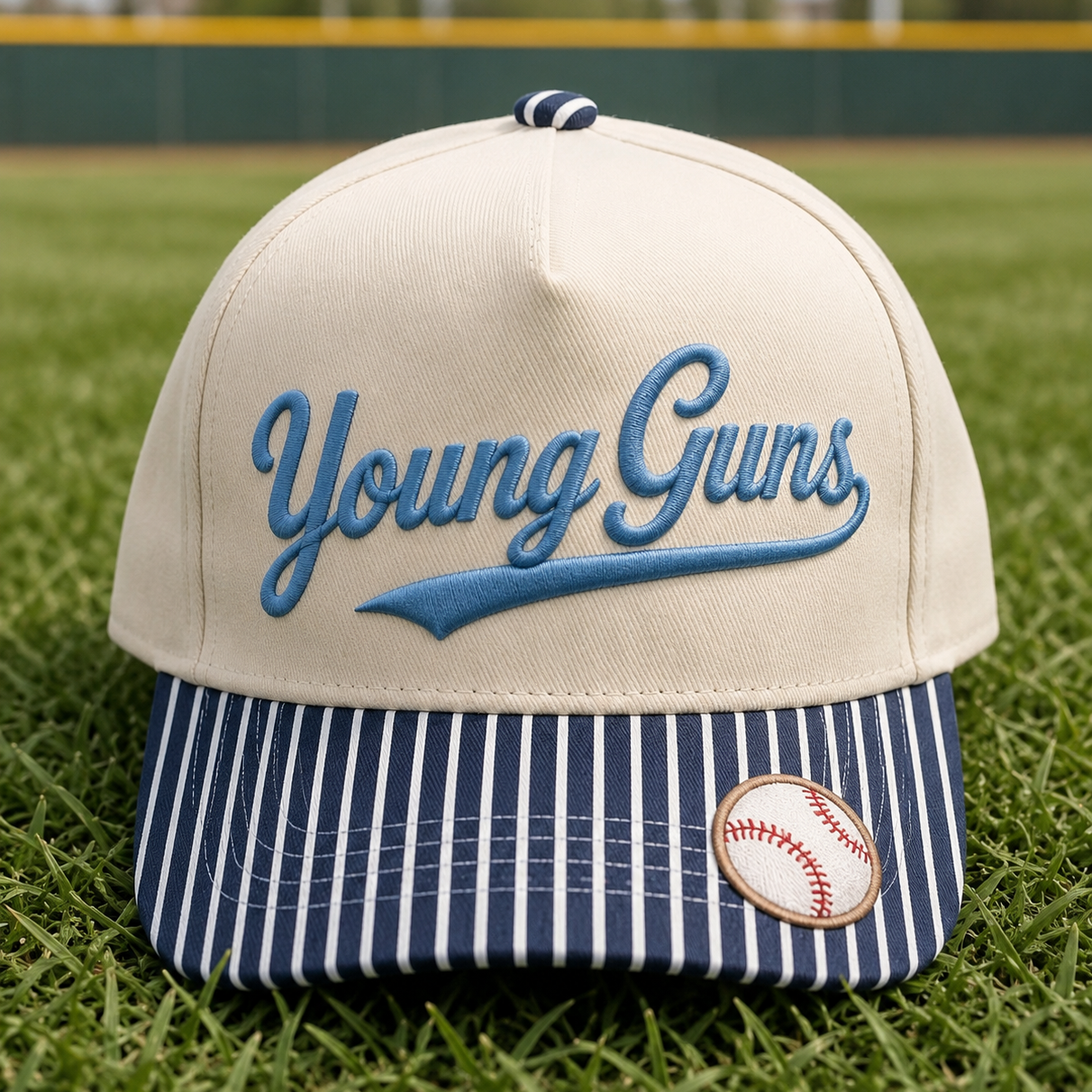 Cream Young Guns baseball hat with Carolina blue embroidery, navy pinstripe bill and baseball patch