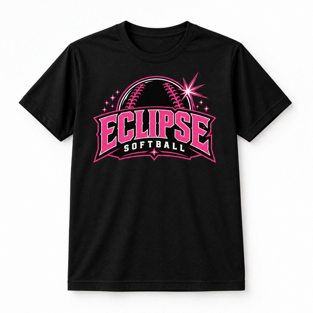 A black short-sleeve crewneck t-shirt featuring a pink and white graphic on the front that reads 'ECLIPSE SOFTBALL' with a baseball design and star accents, shown against a plain white background.