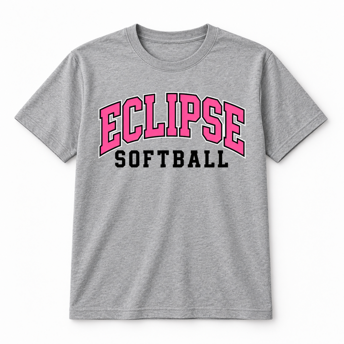 A heather gray short-sleeve t-shirt with 'ECLIPSE SOFTBALL' printed on the chest. The word 'ECLIPSE' is in large pink varsity-style letters with a black outline, and 'SOFTBALL' is printed below in black block letters.