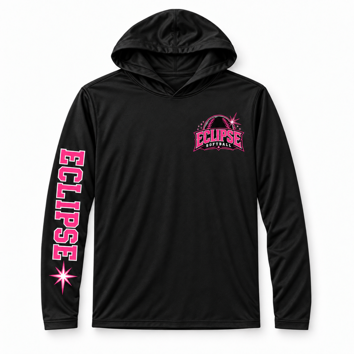 A black long-sleeve hooded performance shirt with 'ECLIPSE' printed vertically in pink on the left sleeve and a matching pink 'ECLIPSE SOFTBALL' logo on the left chest, shown on a plain white background.