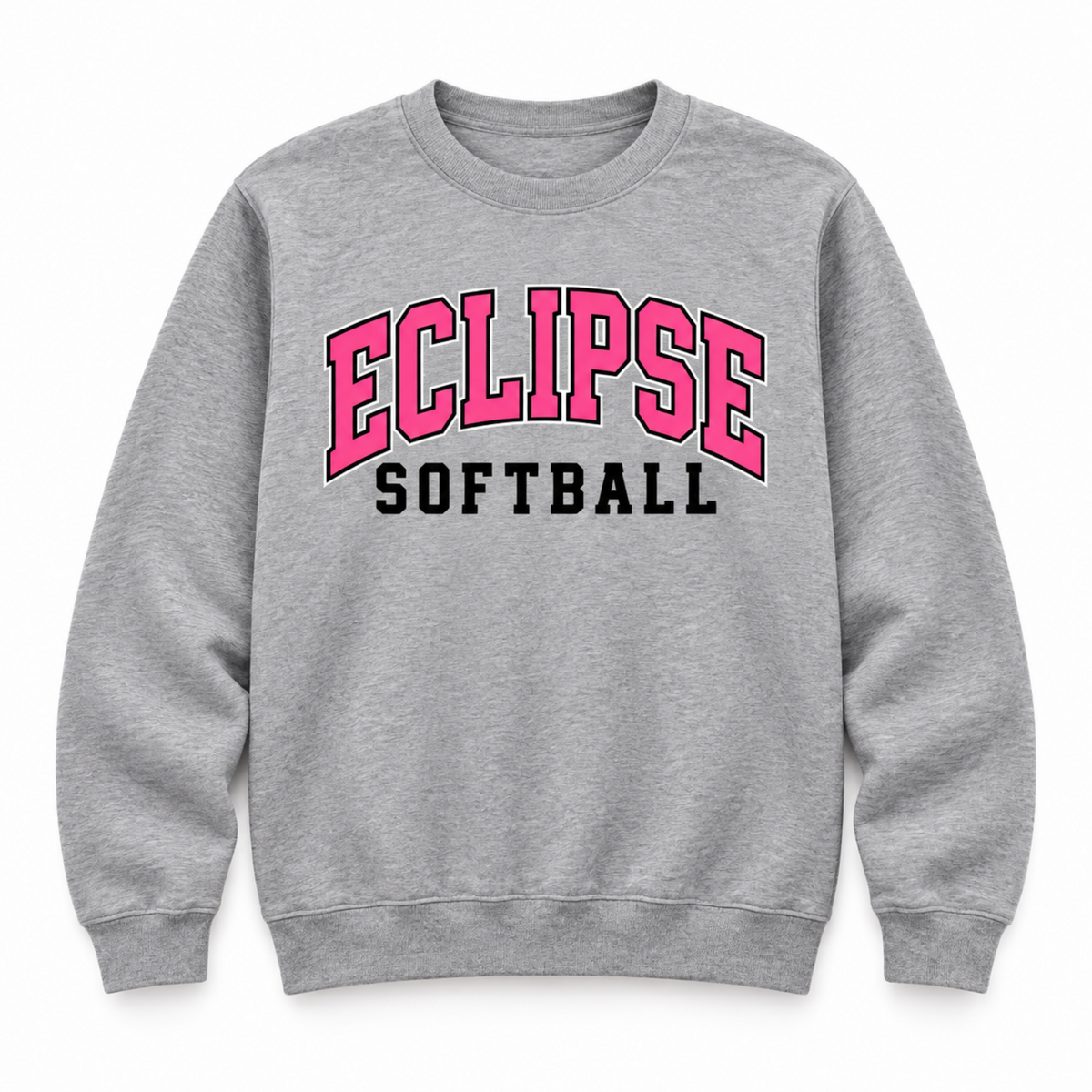A heather gray crewneck sweatshirt featuring 'ECLIPSE SOFTBALL' printed on the chest, with 'ECLIPSE' in arched pink letters outlined in black and 'SOFTBALL' in solid black block letters.