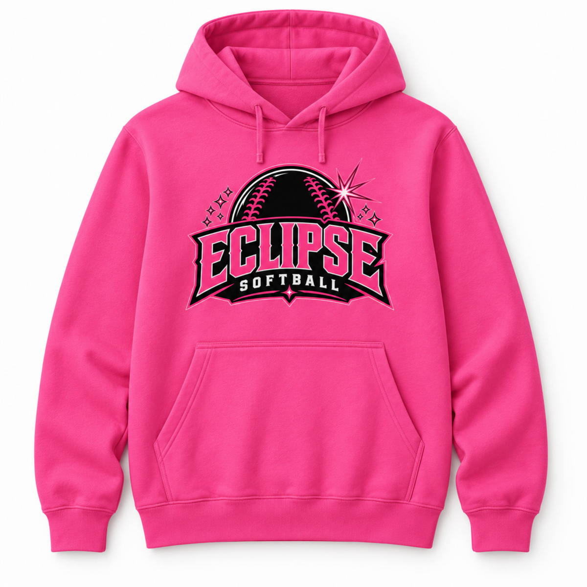 A bright pink pullover hoodie with a front kangaroo pocket and a graphic on the chest reading 'ECLIPSE SOFTBALL' in black and pink around a baseball design, shown on a plain white background.