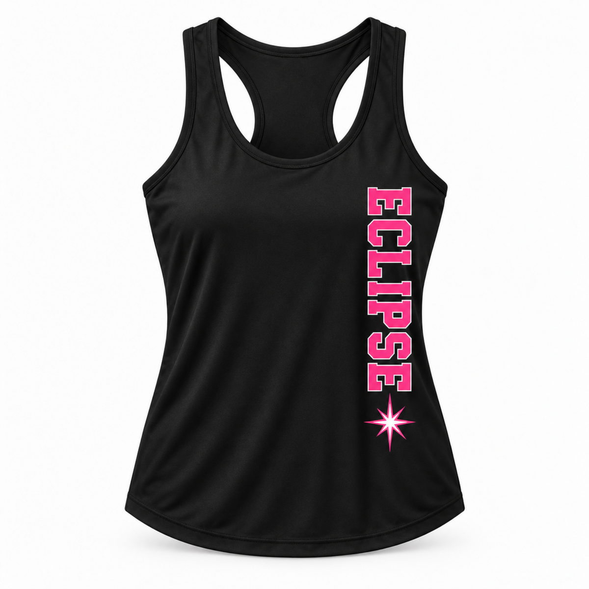 A black racerback tank top featuring the word 'ECLIPSE' printed vertically in bright pink letters with a matching pink starburst accent near the bottom, shown against a plain white background.