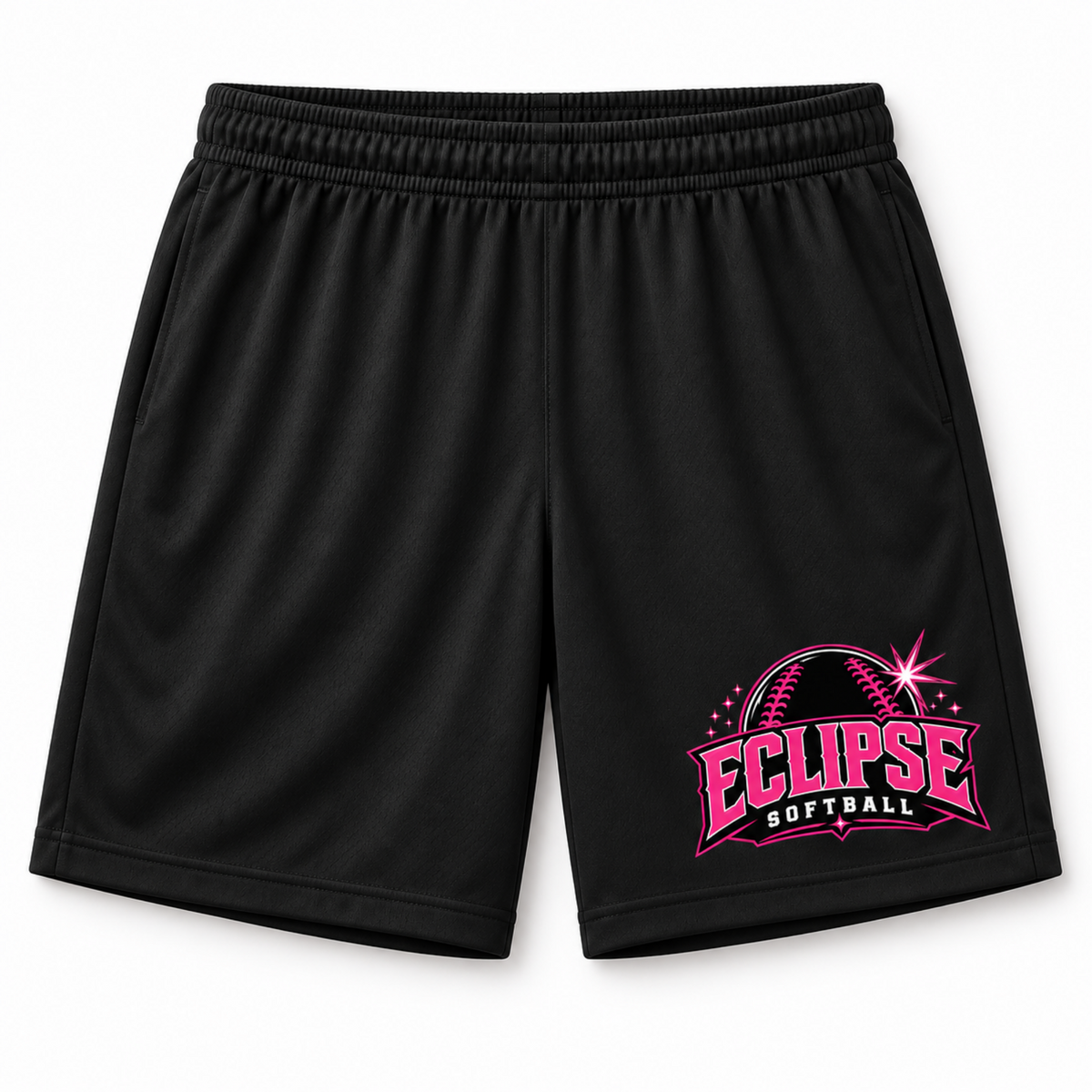 Black athletic shorts with an elastic waistband and a pink 'Eclipse Softball' graphic on the lower left leg, shown against a plain white background.