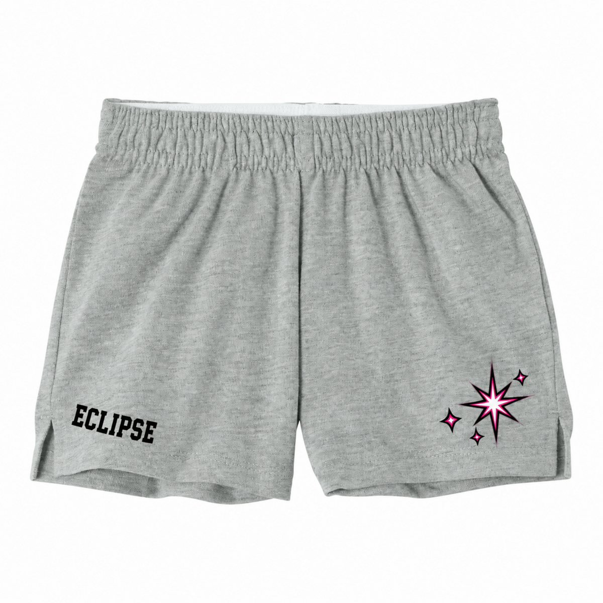 Light heather gray athletic shorts with an elastic waistband, featuring the word 'ECLIPSE' in black on the left leg and a pink and white starburst graphic on the right leg.