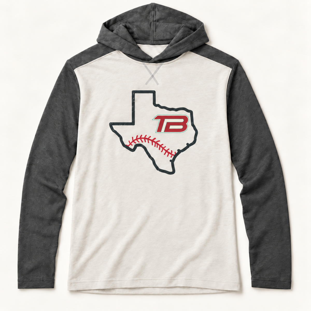 A long-sleeve hooded shirt with a light cream body and dark gray sleeves and hood. The front features a graphic of the state of Texas filled with a baseball pattern and a red 'TB' logo.