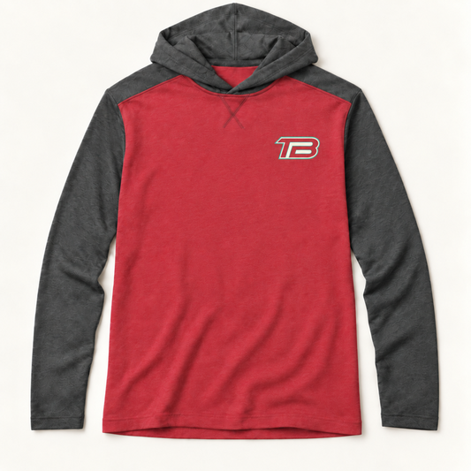 A long-sleeve hooded shirt in heather red and dark charcoal gray, featuring a small white and red 'TB' logo on the left chest, displayed on a clean off-white background.